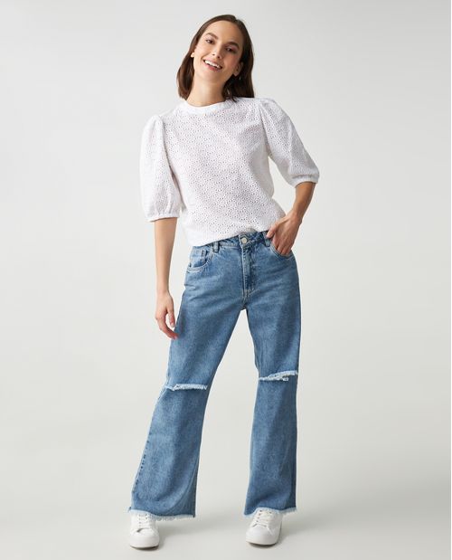 Jean 100% algodón Wide Leg con rotos para mujer