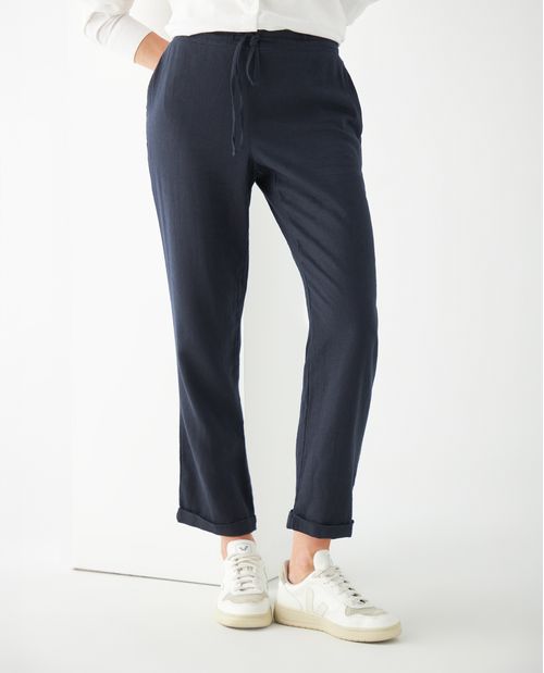 Pantalón para mujer azul con mezcla de lino