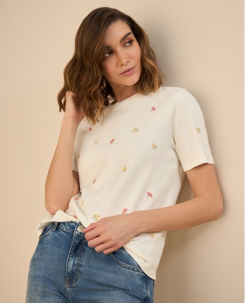 Camiseta con flores bordadas para mujer